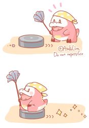  asakoline commentary_request duster fangs fuecoco headscarf holding holding_duster no_humans open_mouth pokemon pokemon_(creature) pokemon_focus robotic_vacuum_cleaner simple_background sitting sparkle twitter_username watermark white_background yellow_headscarf 