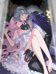 barefoot belt commentary curtains earrings flower fur_trim grabbing_another's_chin green_eyes grey_eyes grey_hair hair_ribbon hand_on_another's_chin highres jewelry looking_at_viewer lying nightgown on_bed original pillow pink_hair ribbon tassel teikano101 untranslatable_commentary wavy_hair 