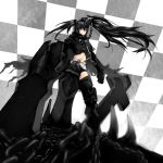  armor belt black_hair black_rock_shooter boots chain checkered cross gauntlets greaves highres huge_weapon insane_black_rock_shooter long_hair maron midriff pale_skin purple_eyes scar shorts stitches thigh_boots thighhighs twintails weapon 