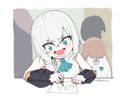  1girl aqua_ascot ars_almal ars_almal_(1st_costume) ascot bare_shoulders black_sleeves blue_ascot blue_eyes blush breasts cat debu-chan_(ars_almal) detached_sleeves grey_background hair_between_eyes holding long_sleeves meme nijisanji open_mouth parody see-through_clothes see-through_sleeves shirt simple_background sleeveless sleeveless_shirt solo tatami_kami upper_body v-shaped_eyebrows virtual_youtuber white_hair white_shirt 