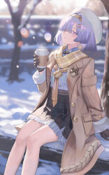  1girl blurry blurry_background brown_gloves brown_hairband brown_jacket brown_scarf brown_skirt closed_mouth commentary_request cup disposable_coffee_cup disposable_cup earrings gloves grey_hair hair_intakes hairband hat highres holding holding_cup jacket jewelry long_hair mornye_(plush_dream)_(wuthering_waves) mornye_(wuthering_waves) nyu_aro official_alternate_costume scarf shirt sitting skirt smile snowflake_earrings solo white_hat white_shirt wuthering_waves 