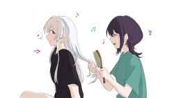 2girls beamed_eighth_notes beamed_sixteenth_notes black_hair brushing_hair cho_kaguya-hime! cocacolastic from_side grey_hair hair_brush hand_in_another's_hair heart highres holding holding_hair_brush long_hair medium_hair multicolored_eyes multiple_girls musical_note open_mouth pink_hair profile quarter_note runami_yachiyo sakayori_iroha sidelighting simple_background smile spoken_heart white_background 
