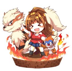  >_< 1girl :d arcanine black_socks blush brown_hair brown_shoes chibi closed_eyes dog fire hino_akane_(idolmaster) idolmaster idolmaster_cinderella_girls index_finger_raised long_hair monferno plaid_clothes plaid_skirt pointing pokemon pokemon_(creature) red_shirt shirt shoes skirt smile socks sore_(whirlwind) standing 