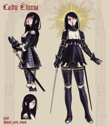  1girl armor armored_boots black_armor blood boots closed_mouth commentary english_commentary full_armor greaves highres holding holding_sword holding_weapon lady_elunia_(mud_and_blood) long_hair mud_and_blood nosebleed original pauldrons shoulder_armor single_pauldron skirt solo sword weapon 