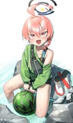  1girl absurdres ahoge alternate_costume black_halo black_shorts blue_archive breasts commentary_request food fruit halo highres holding holding_food holding_fruit huge_ahoge long_hair looking_at_viewer mole mole_under_eye neru_(blue_archive) open_mouth pink_hair red_eyes shoes shorts small_breasts sneakers solo walking_nakta watermelon 