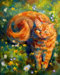  absurdres alwaysalele animal animal_focus cat commentary daisy_(flower) english_commentary faux_traditional_media flower fluffy grass highres hue_shifting looking_at_viewer making-of_available no_humans orange_cat original painterly realistic signature sitting solo sparkle tabby_cat whiskers white_flower yellow_flower 