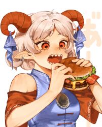  1girl absurdres akari0120_s bare_shoulders blue_dress burger commentary_request detached_sleeves dress earrings food highres holding holding_burger holding_food hoop_earrings horn_ornament horn_ribbon horns jewelry meandros open_mouth pointy_ears red_eyes red_horns red_sleeves ribbon sharp_teeth sheep_horns short_hair solo teeth text_background touhou toutetsu_yuuma upper_body white_background 