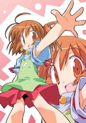  1girl antenna_hair asoka blue_shirt brown_eyes brown_hair character_request earrings green_vest hair_between_eyes jewelry looking_at_viewer multiple_views open_hand open_mouth outstretched_arm red_skirt shirt short_sleeves short_twintails skirt smile solo standing twintails ukagaka vest wide_sleeves 