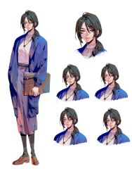  1girl belt black_hair black_socks blue_coat blue_eyes book coat commentary english_commentary high_collar highres holding holding_book jewelry long_skirt multiple_expressions necklace original shirt shoes skirt socks turtleneck white_shirt 