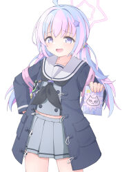  1girl absurdres ahoge black_neckerchief blue_archive blue_coat blue_hair choppy_bangs coat commentary cowboy_shot crop_top cropped_shirt drawing_(object) duffel_coat grey_serafuku grey_shirt grey_skirt hair_ornament halo hand_on_own_hip hand_up highres holding long_sleeves looking_at_viewer midriff miniskirt mizusaki_(kn27) multicolored_hair navel neckerchief open_clothes open_coat open_mouth pink_hair pink_halo raised_inner_eyebrows reisa_(blue_archive) sailor_collar school_uniform serafuku shirt simple_background skirt smile solo standing star_(symbol) star_hair_ornament star_halo two-tone_hair violet_eyes white_background white_sailor_collar 