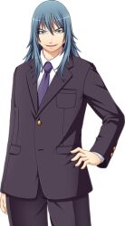  1boy blue_eyes blue_hair evil_grin evil_smile formal_clothes game_asset grin hand_on_own_hip kumacchi large_variant_set long_hair male_focus mercol necktie non-web_source official_art open_mouth self-datamine shugo_seijo_prism_saber simple_background smile smirk smug solo suit tachi-e transparent_background variant_set 
