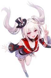 1girl black_hat breasts commentary_request hat honkai:_star_rail honkai_(series) iku_paon long_hair looking_at_viewer medium_breasts open_mouth pink_eyes red_shirt shirt skirt smile solo sparkle_(honkai:_star_rail) sparxie_(honkai:_star_rail) top_hat twintails v white_hair white_skirt 