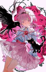  1girl 5swcf1iy8k31657 bird black_bird black_cat blue_shirt brown_hairband buttons cat collared_shirt commentary disembodied_linked_eye eyeball floral_print frilled_shirt_collar frilled_sleeves frills hair_ornament hairband heart heart_button heart_hair_ornament highres kaenbyou_rin kaenbyou_rin_(cat) komeiji_satori long_sleeves looking_at_viewer multiple_tails pink_eyes pink_hair pink_skirt print_skirt reiuji_utsuho reiuji_utsuho_(bird) ribbon-trimmed_collar ribbon_trim rose_print shirt skirt tail touhou twitter_username two_tails wide_sleeves 