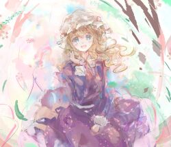  1girl :d blonde_hair blue_eyes blush cherry_blossoms collared_dress commentary contrast_collar dress falling_petals flower hat highres long_hair long_sleeves maribel_hearn mob_cap neck_ribbon open_mouth petals purple_dress red_ribbon ribbon sash sleeve_cuffs smile solo spring_(season) touhou uwazumi white_hat white_sash 