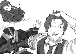  1boy 1girl arthropod_limbs beard_stubble cigarette closed_eyes commentary_request eyepatch facial_hair gregor_(project_moon) greyscale hand_on_own_forehead highres korean_commentary limbus_company long_hair meme monochrome motion_lines naoya_hitting_choso_without_looking_(meme) necktie project_moon rago shirt short_hair simple_background slashing speed_lines stubble white_background yuri_(project_moon) 