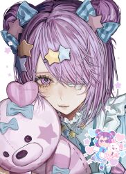  1girl absurdres aegyo_sal airen_kori apron blue-ringed_octopus blue_bow blue_dress blush bow cheek_press closed_mouth double_bun dress eyepatch four-pointed_star frilled_dress frills hair_bow hair_bun hair_ornament hair_over_one_eye hairclip heart highres holding holding_stuffed_toy hugging_doll hugging_object irasutoya jewelry looking_at_viewer medical_eyepatch mole mole_under_eye necklace pastel_colors purple_hair reference_inset short_hair short_sleeves simple_background single_tear solo sparkle star_(symbol) star_hair_ornament star_necklace stuffed_animal stuffed_toy swept_bangs teddy_bear twitter_username upper_body violet_eyes white_apron white_background yume_kawaii yumekawa_joshi_(irasutoya) 