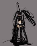  armor bad_id belt beltskirt black_hair black_rock_shooter boots chain greaves gun highres insane_black_rock_shooter long_hair midriff navel purple_eyes scar scythe shin&#039;ya_(330696) shin'ya_(330696) shorts simple_background stitches thigh_boots thighhighs twintails weapon 