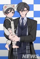  2boys aged_down animal_ear_headwear barefoot bbahot black_hair black_jacket black_suit checkered_background commentary cowboy_shot ensemble_stars! father_and_child father_and_son full_body grey_overalls hair_between_eyes hat hidaka_hokuto hidaka_seiya jacket korean_commentary lapels long_sleeves multiple_boys notched_lapels overalls parent_and_child polka_dot polka_dot_shirt shirt short_hair smile straight-on suit toddler two-tone_background 
