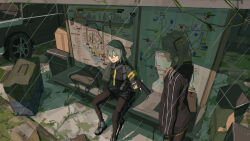  1010kman 2girls absurdres bench box bus_stop car girls_frontline grey_hair highres looking_at_another map_(object) motor_vehicle multiple_girls rain scenery sitting taking_shelter ump40_(girls'_frontline) ump45_(girls'_frontline) 