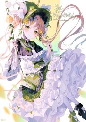  1girl absurdres asymmetrical_footwear birthday black_capelet black_flower black_shoes blonde_hair bonnet capelet closed_mouth dress flower flower-trimmed_dress green_bonnet green_dress green_eyes green_shoes hair_flower hair_ornament happy_birthday highres lolita_fashion long_hair mahou_shoujo_no_majo_saiban mismatched_footwear on_swing shoes solo swing twintails umemaro_(siona0908) yellow_flower 