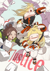  1girl 2boys ^_^ arm_up bag black_shirt blonde_hair brown_hair chibi clenched_hand clenched_hands closed_eyes clothes_around_waist commentary_request ditto english_text fanny_pack fingerless_gloves floating_hair gloves harmony_(pokemon) hat highres ivor_(pokemon) jacket jacket_around_waist kikudzuki_(muucha) long_hair multiple_boys open_mouth pants pokemon pokemon_legends:_z-a red_gloves sandals shirt single_sleeve sleeveless sleeveless_shirt teeth white_hat white_jacket white_pants yellow_bag 