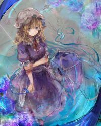  1girl blonde_hair blue_eyes blue_ribbon closed_mouth collared_dress commentary contrast_collar dress frilled_shirt_collar frilled_sleeves frills from_above hand_on_own_arm hat highres long_hair maribel_hearn mob_cap neck_ribbon puffy_short_sleeves puffy_sleeves purple_dress rain red_ribbon ribbon sash short_sleeves solo touhou umbrella uwazumi white_hat white_sash 