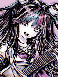  1girl :d black_hair commentary_request danganronpa_(series) danganronpa_2:_goodbye_despair ear_piercing face_piercing guitar hair_horns highres holding holding_guitar holding_instrument instrument jewelry long_hair mioda_ibuki multicolored_hair open_mouth piercing pink_eyes pink_hair pink_streaks sailor_collar school_uniform shirt short_sleeves smile solo streaked_hair tongue tsukihi_shida white_hair 