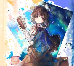  1girl alternate_neckwear background_request black_capelet black_hat black_skirt blush book bow brown_eyes brown_hair capelet closed_mouth clouds collared_shirt commentary crescent day hair_bow hat hat_bow highres holding holding_book long_sleeves neck_ribbon night red_ribbon ribbon shirt skirt sky smile solo star_(sky) starry_sky touhou usami_renko uwazumi white_shirt 