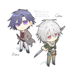  2boys biuedestinati0n black_hair black_shoes brown_pants brown_shoes character_name chibi closed_mouth coat crow_armbrust curtained_hair double-parted_bangs double_blade ear_piercing earrings eiyuu_densetsu green_jacket grey_coat highres holding holding_sword holding_weapon jacket jewelry kai_no_kiseki korean_commentary kuro_no_kiseki_(series) long_sleeves looking_at_viewer male_focus mullet multiple_boys open_clothes open_coat open_jacket pants piercing pouch rean_schwarzer red_eyes red_shirt shirt shoes short_hair simple_background sleeve_rolled_up smile sword tachi_(weapon) thigh_pouch trench_coat tsurime twitter_username v-shaped_eyebrows violet_eyes weapon white_background white_hair white_pants 