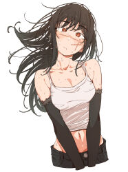  1girl black_hair chainsaw_man cowboy_shot crop_top eitopondo highres long_hair looking_at_viewer midriff red_eyes ringed_eyes scar scar_on_cheek scar_on_face scar_on_nose shirt simple_background solo sweat tank_top white_tank_top yoru_(chainsaw_man) 