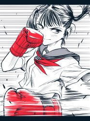  1girl boxing boxing_gloves breasts commentary gloves greyscale highres lee_(dragon_garou) letterboxed monochrome motion_lines neckerchief original punching red_gloves red_neckerchief sailor_collar school_uniform serafuku small_breasts smile solo speed_lines spot_color twintails upper_body 