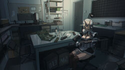  1010kman 1girl absurdres ammunition barred_window box bullet chair chest_of_drawers computer computer_keyboard desk folding_chair highres horns indoors kalashnikov_rifle maid maintenance military monitor original rifle_cartridge scenery scope solo table tactical_maid tools unconventional_maid weapon_request 