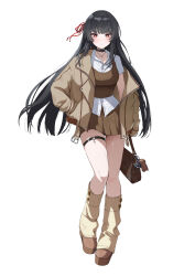  1girl absurdres alternate_costume bag bag_charm black_hair blush boots breasts brown_bag brown_boots brown_jacket brown_skirt brown_socks charm_(object) chisa_(wuthering_waves) closed_mouth commentary eh99 full_body hair_ribbon hand_in_pocket highres holding holding_bag jacket large_breasts long_hair looking_at_viewer namipon_(wuthering_waves) red_eyes red_ribbon ribbon shirt simple_background skirt socks solo thigh_strap white_background white_shirt wuthering_waves 