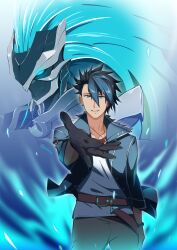  1boy absurdres armor blue_coat blue_hair coat collared_shrug commentary_request dog_tags eiyuu_densetsu glowing glowing_armor glowing_hair glowing_lines grendel_(eiyuu_densetsu) hair_between_eyes highres kai_no_kiseki kuro_no_kiseki_(series) kuro_no_kiseki_i mascot_head metal_skin mullet multicolored_hair shrug_(clothing) simple_background smile two-tone_hair van_arkride 