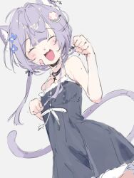  1girl :3 :d ^_^ animal_ear_fluff animal_ears bandaid bandaid_on_cheek bandaid_on_face black_dress cat_ears closed_eyes commentary deiji_bijutsu dress dutch_angle english_commentary grey_background hands_up hinya_(vtuber) indie_virtual_youtuber long_hair paw_pose purple_hair simple_background sketch smile solo spaghetti_strap 