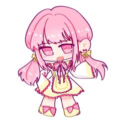  1girl bow bow_earrings bow_legwear bowtie capelet chibi chinese_commentary commentary_request dress ear_piercing earrings frilled_capelet frills hand_in_own_hair hand_on_own_hip happy heart heart_in_eye highres jewelry lace-trimmed_dress lace-trimmed_sleeves lace_trim leg_warmers light_blush long_hair long_sleeves low_twintails mu128182 nikki_(nikki) nikki_(series) open_mouth outstretched_arm piercing pink_bow pink_bowtie pink_eyes pink_hair pink_shoes shoes short_dress sidelocks simple_background sleeves_past_fingers sleeves_past_wrists smile solo sparkling_eyes standing striped_bow striped_bowtie striped_clothes symbol_in_eye twintails very_long_hair white_background white_dress wide_sleeves yellow_bow yellow_capelet yellow_leg_warmers 
