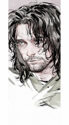  1boy aragorn black_hair closed_mouth eliza_fox green_hood grey_background grey_eyes highres lips male_focus mature_male medium_hair parted_hair pillarboxed portrait realistic simple_background sketch solo the_lord_of_the_rings tolkien's_legendarium wavy_hair 