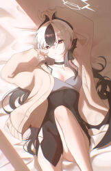  1girl absurdres arms_up bare_legs bed_sheet black_bow black_dress black_hair black_horns blue_archive bow commentary_request dress hair_between_eyes halo highres horns kayoko_(blue_archive) kayoko_(dress)_(blue_archive) long_hair looking_at_viewer multicolored_hair on_bed open_mouth problem_solver_68_(blue_archive) red_eyes two-tone_hair white_hair white_halo xi. 