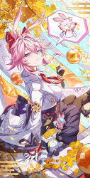  1girl absurdres animal_ears animalization asymmetrical_gloves black_gloves black_pantyhose blue_skirt breasts commentary_request evanescia_(honkai:_star_rail) fingerless_gloves fox_ears fox_girl gloves highres honkai:_star_rail honkai_(series) jacket large_breasts looking_at_viewer mismatched_gloves pantyhose pink_hair shirt short_hair_with_long_locks sitting skirt smile solo trailblazer_(honkai:_star_rail) violet_eyes white_gloves white_jacket white_shirt yunxiagong 
