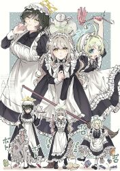  >_< 3girls ahoge alternate_costume apron black_shirt black_shoes blue_archive blue_eyes broom candy clothes_lift commentary_request food fuyu_(blue_archive) green_hair hair_between_eyes hair_intakes hair_ribbon highres holding holding_broom holding_teapot long_hair looking_at_viewer maid maid_headdress medium_hair miinu_(melenas) miyo_(blue_archive) multiple_girls one_eye_closed open_mouth pantyhose paper ribbon ritsu_(blue_archive) shampoo shirt shoes smile tape teapot white_apron white_pantyhose white_ribbon yellow_eyes 