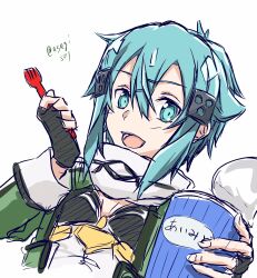  1girl :d aqua_eyes armored_leotard artist_name asagi501 black_gloves black_leotard black_trim blue_hair breasts breasts_apart can commentary_request cropped_torso double-parted_bangs fingerless_gloves fork gloves green_jacket hair_between_eyes hair_ornament hairclip highres holding holding_can holding_fork jacket leotard long_sleeves looking_at_viewer medium_hair multicolored_jacket multicolored_leotard open_clothes open_jacket open_mouth plastic_fork scarf sidelocks simple_background sinon sketch small_breasts smile solo sword_art_online translation_request twitter_username two-tone_jacket two-tone_leotard watermark white_background white_jacket white_leotard white_scarf 