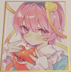  1girl black_hairband blue_shirt blush collared_shirt disembodied_linked_eye eyeball frilled_shirt_collar frilled_sleeves frills hair_ornament hairband heart heart_hair_ornament highres komeiji_satori long_sleeves moni_monico photo_(medium) pink_eyes pink_hair portrait ribbon-trimmed_collar ribbon_trim shikishi shirt short_hair solo touhou traditional_media wide_sleeves 
