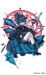  1girl black_boots black_capelet blue_eyes blue_hair boots capelet character_request closed_mouth crossed_legs gradient_hair grey_hat grey_shirt grey_shorts hair_between_eyes hat holding holding_polearm holding_weapon looking_at_viewer magic_circle mini_hat mini_top_hat multicolored_hair official_art polearm sample_watermark sapphire_(sapphire25252) shirt shorts solo spear tilted_headwear top_hat watermark weapon white_background zenryoku_kaihi_flag-chan! 