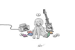 1girl absurdres barefoot cd cd_player electric_guitar guitar guitar_stand highres instrument kaduise knees_up looking_at_viewer original short_hair signature sitting solo 