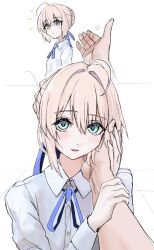  1girl 1other absurdres ahoge artoria_pendragon_(fate) blonde_hair blue_bow blue_ribbon blush bow braid braided_bun buttons collared_shirt fate/stay_night fate_(series) from_side green_eyes hair_between_eyes hair_bow hair_bun hand_up hands_up highres holding_another's_wrist huge_ahoge long_sleeves looking_at_viewer multiple_views neck_ribbon notice_lines notonaon open_mouth other_with_female pov ribbon saber_(fate) shirt short_hair sidelocks simple_background smile solo_focus teeth upper_body white_background white_shirt wide_hips 