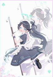  1girl :d absurdres apron aris_(blue_archive) aris_(maid)_(blue_archive) black_shoes blue_archive blue_halo blush card_(medium) cowboy_shot flower guaring halo highres holding holding_mop kei_(robot)_(blue_archive) leg_up long_hair look_back looking_at_viewer maid maid_apron maid_headdress mop official_alternate_costume open_mouth pantyhose rectangular_halo shoes smile solo standing standing_on_one_leg very_long_hair white_apron white_background white_pantyhose 