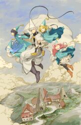  1boy 4girls absurdres age_difference agott_arklaum_(tongari_boushi_no_atelier) black_eyes black_hair black_leggings blonde_hair blue_eyes blue_hair boots brown_boots brushbuddy building carrying carrying_under_arm child cloak clouds coco_(tongari_boushi_no_atelier) creature expressionless flying glasses hat hat_tassel highres leggings long_hair long_sleeves multiple_girls open_mouth pink_hair qifrey's_atelier_apprentice_uniform qifrey_(tongari_boushi_no_atelier) richeh_(tongari_boushi_no_atelier) scenery shhocha short_hair size_difference smile teacher_and_student teeth tetia_(tongari_boushi_no_atelier) tongari_boushi_no_atelier turtleneck twintails upper_teeth_only violet_eyes white_fur white_hair wizard_hat yellow_eyes 