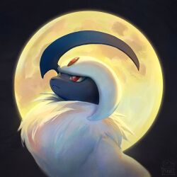  absol absurdres artist_name black_background bright_pupils closed_mouth english_commentary full_moon highres horns moon no_humans pikat pokemon pokemon_(creature) red_eyes single_horn white_pupils 