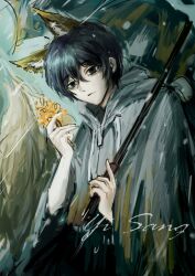  1boy animal_ear_fluff animal_ears bags_under_eyes black_eyes black_hair black_shirt blue_umbrella character_name closed_mouth e.g.o_(project_moon) expressionless eyelashes fingernails flower fox_boy fox_ears fox_tail grey_hoodie hair_between_eyes holding holding_flower holding_umbrella hood hood_down hoodie kemonomimi_mode large_tail light_frown limbus_company long_sleeves looking_at_viewer male_focus otogisum3 project_moon rain shirt short_hair solo sunshower_(e.g.o) tail umbrella umbrella_over_shoulder upper_body wet yellow_flower yi_sang_(project_moon) 