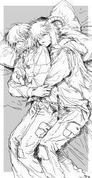  2boys absurdres adoptive_siblings animal_ears arms_around_another's_waist asriel_dreemurr bed_sheet border brothers closed_eyes closed_mouth commentary_request covered_mouth cuddling deltarune drawstring feet_out_of_frame fluffy_hair front-to-back goat_boy goat_ears goat_horns greyscale heart heart_necklace highres hood hood_down horns hug hug_from_behind humanization jacket jewelry korean_commentary kris_(deltarune) long_sleeves lying male_focus medium_hair monochrome multiple_boys my_nameisyoon necklace on_bed on_side open_clothes open_jacket outside_border pants pillow pocket shared_bed short_hair siblings sleeping sleeping_together spooning striped_clothes striped_sweater sweater utdr_(toby_fox) white_border 
